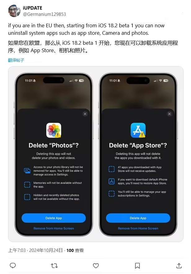 荣昌苹果手机维修分享iOS 18.2 支持删除 App Store 应用商店 