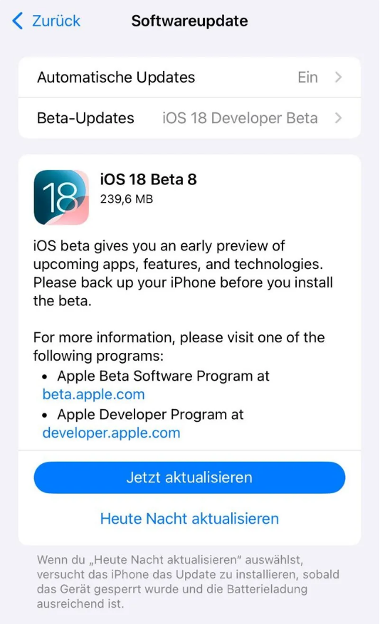 荣昌苹果手机维修分享苹果 iOS / iPadOS 18 开发者预览版 Beta 8 发布 